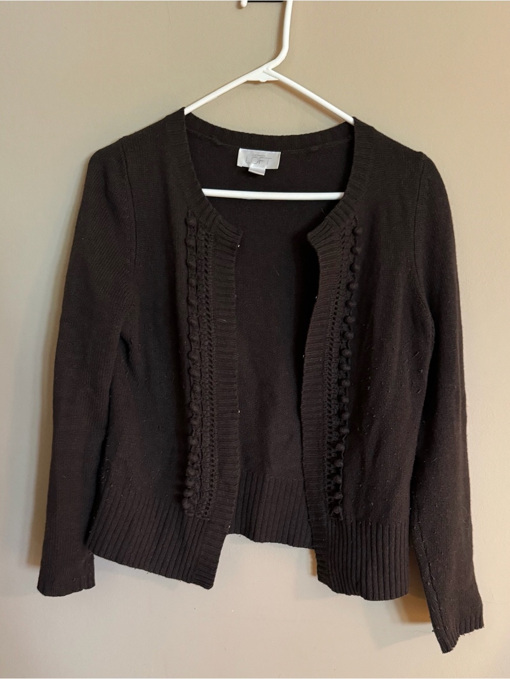 LOFT Brown Open Front Knit Cardigan with Textured Trim